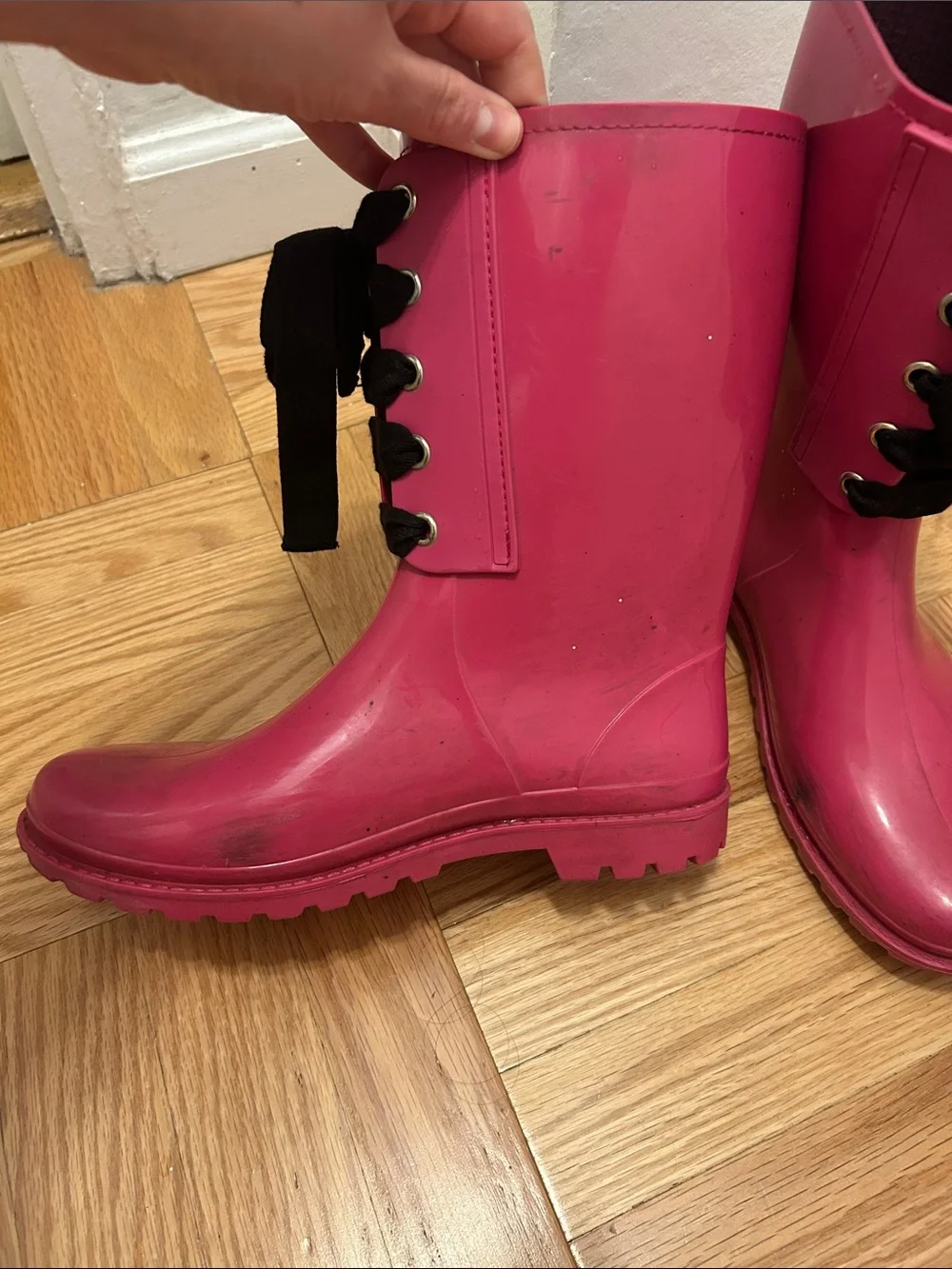 RED Valentino Hot Pink Lace-Up Rain Boots